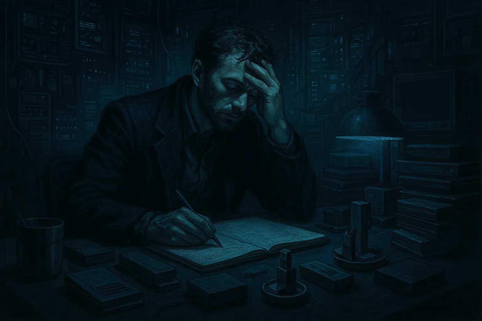 A technoir-styled exasperated figure